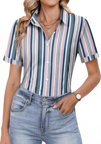 Miniatura 14 de HOTOUCH Camisas con botones para mujer, camisas de vestir de manga corta, blusas casuales de negocios, blusa de trabajo de oficina
