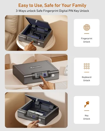 Miniatura 2 de Caja fuerte biométrica BILLCONCH para pistolas con 3 formas de desbloqueo por huellas dactilares, clave PIN digital y llave, caja fuerte para armas