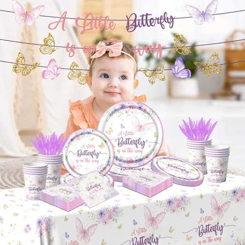 Miniatura 3 de Juego de vajilla de mariposa para baby shower, con diseño de mariposa con texto en inglés «A Little Butterfly Is On Her Way»