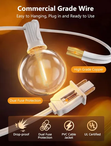 Miniatura 5 de Guirnalda de luces LED para exteriores, G40, de 25 pies, impermeable, con 27 bombillas inastillables, luces colgantes de decoración de Navidad al