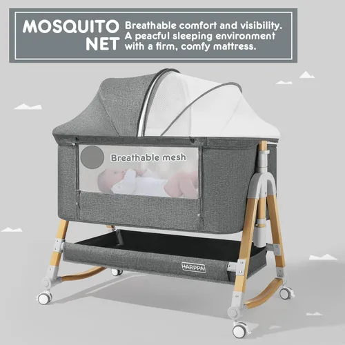 Miniatura 6 de HARPPA Moisés Acogedor, Moisés para Bebé 3 en 1, Moisés Mecedora de Cabecera con Ruedas, 5 Alturas Ajustables, Incluye Mosquitera, Colchón, Correa