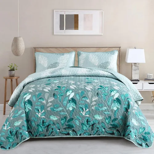 Miniatura 13 de WONGS BEDDING Juego de edredón floral tamaño Queen, 3 piezas, colcha con hojas botánicas en color agua, juego de edredón con 2 fundas de almohada