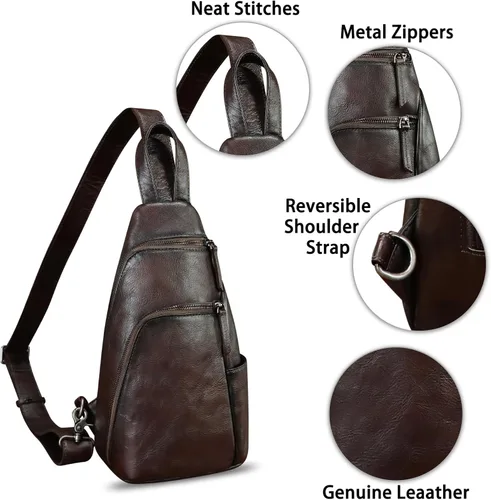 Miniatura 6 de Bolso bandolera de cuero genuino, bolso cruzado hecho a mano para senderismo, riñonera, mochila retro para el hombro, mochila de pecho vintage