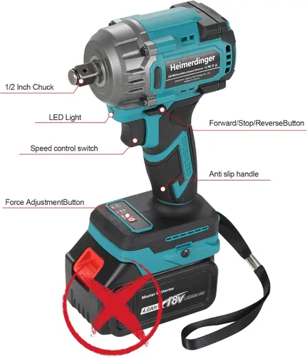 Miniatura 6 de Llave de impacto inalámbrica de 1/2 pulgada compatible con batería Makita de 18 V, 550 N.m (406 pies-libras) Pistola de impacto de alto par sin