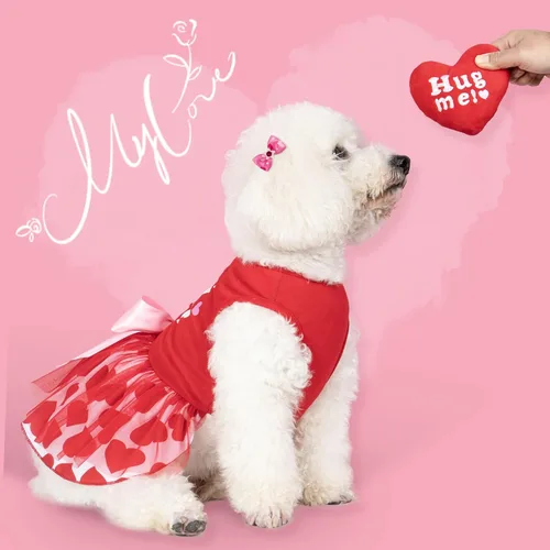 Miniatura 7 de cyeollo Vestido para perro para el día de San Valentín, ropa de vacaciones para perros con estampado de corazón, vestidos de tul para perros