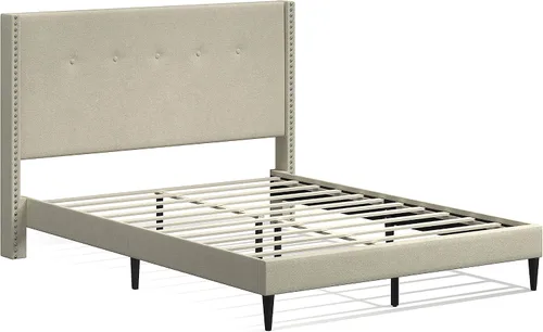 Miniatura 3 de Glenwillow Home MCM - Marco de cama con plataforma tapizada, botón con ribete de cabeza de clavo, respaldo de ala, base de colchón, no necesita Beige