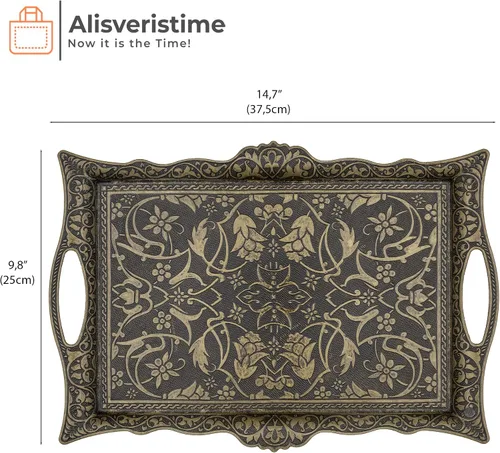 Miniatura 3 de Alisveristime Bandeja otomana de Zamak turco con motivos tradicionales, ideal para café y té, bandeja para seis personas (14.5 x 9.85 pulgadas)