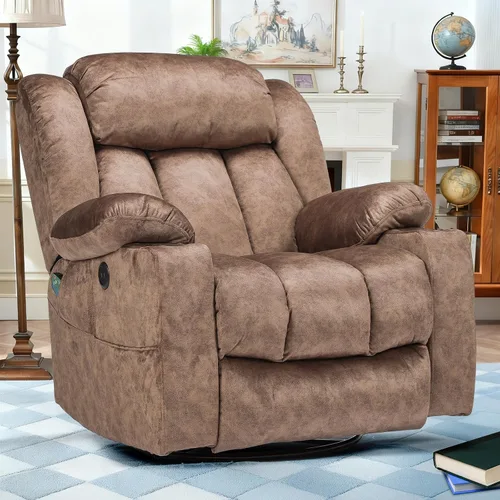 Silla reclinable giratoria con calor y masaje, mecedora manual mecedora reclinable, silla giratoria de 360° con 2 portavasos, bolsillos laterales y