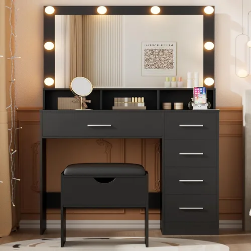 ERLEJIA Escritorio de tocador con espejo y luces, mesa de maquillaje de espejo grande de 35.43 pulgadas con taburete, 5 cajones para dormitorio de
