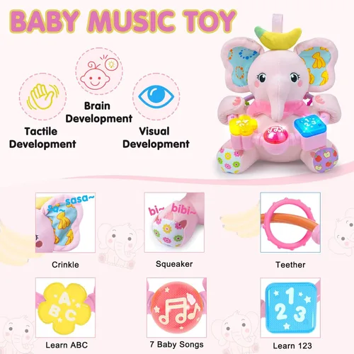 Miniatura 2 de Ryotagift Animales de Peluche Juguetes de Elefante Musical Bilingüe para Bebé, Juguete de Aprendizaje Temprano para Infantes con Música con Luces