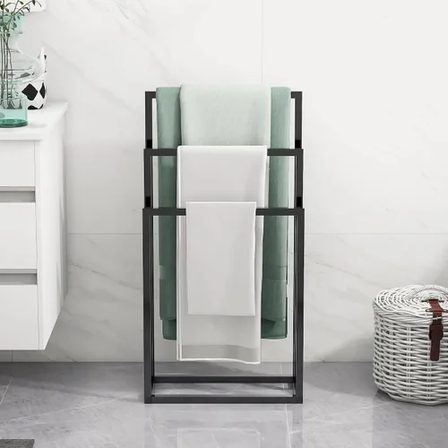 Miniatura 2 de BOFENG Toallero de metal negro de 3 niveles, cromado, alto, industrial, moderno, independiente para accesorios de baño, organizador