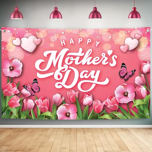 Miniatura 12 de KatchOn, Cartel de feliz día de la madre – XL, 72 x 44 pulgadas Decoraciones del día de la madre feliz para fiesta Telón de fondo rosa para Rosa