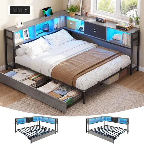 Miniatura 17 de DICTAC Marco de cama esquinero con 2 cajones de almacenamiento y cabecero de estantería individual XL, marco de cama de plataforma de metal con Negro