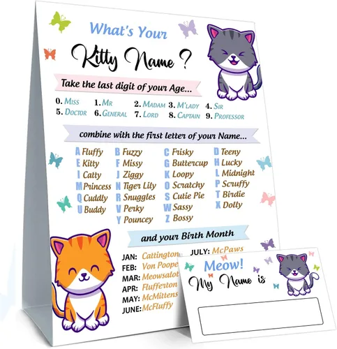 What Your Kitty Name Game - Letrero de fiesta de cumpleaños para niños y niñas, actividades navideñas para fiestas de niños y adultos (1 letrero Gato