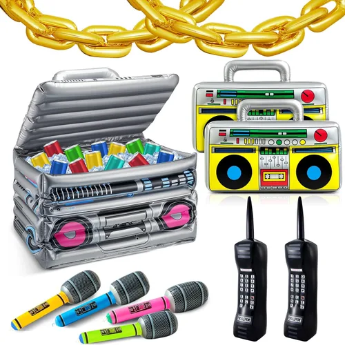Cunhill 29 piezas de decoraciones de fiesta de los años 80 y 90 incluyen caja inflable Boom Box, enfriador de bebidas, 20 globos de cadena de papel