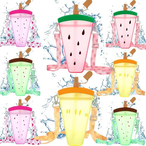 Miniatura 8 de Patelai 8 botellas de agua bonitas con pajita, tazas de helado de sandía kawaii, a prueba de fugas, con correa ajustable para el hombro