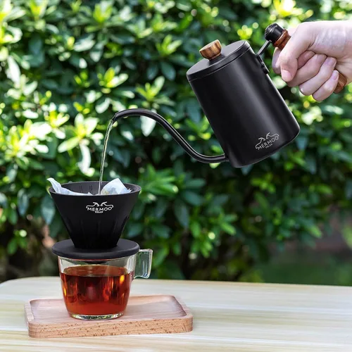Miniatura 2 de MERMOO YILAN Hervidor de café para verter sobre cafetera, 20.3 fl oz, tetera de cuello de cisne, hervidor de acero inoxidable con mango Negro