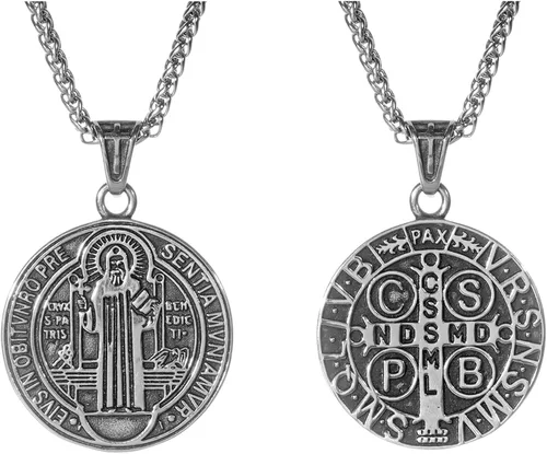 WHLHMK Collar con medalla de San Benito para hombres collar con colgante retro de acero inoxidable de San Benito medalla de exorcismo de acero