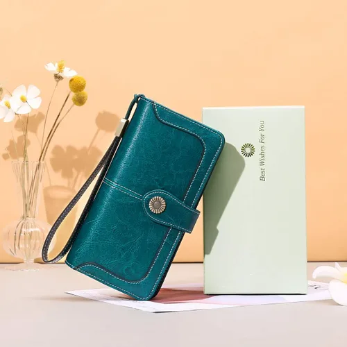Miniatura 6 de FALAN MULE Cartera de cuero genuino RFID bloqueo gran capacidad Trifold señoras cartera.