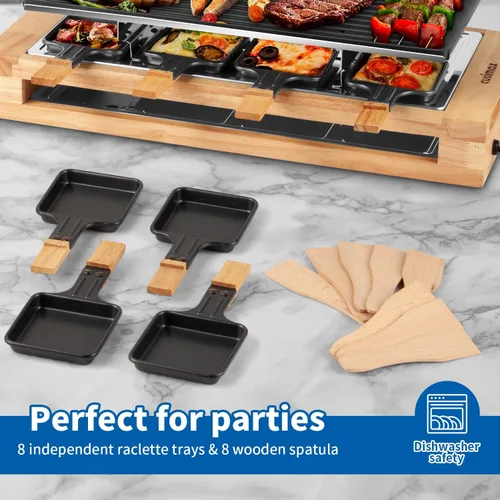 Miniatura 6 de CUSIMAX - Parrilla de mesa de raclette para interiores, parrilla eléctrica de 1500 W con placa antiadherente reversible 2 en 1/base de madera