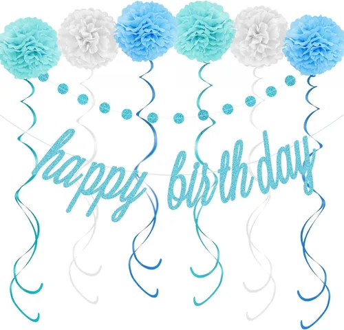 KOKAR Decoraciones azules de feliz cumpleaños: pancarta azul de feliz cumpleaños, pompones de papel, remolinos colgantes y guirnalda de puntos