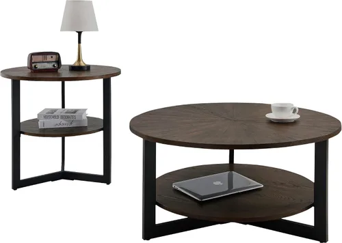 Miniatura 5 de KFZ1338NC - Mesa de centro redonda con estante de almacenamiento, para sala de estar, cóctel, patas de metal negro, centro circular de madera Natural