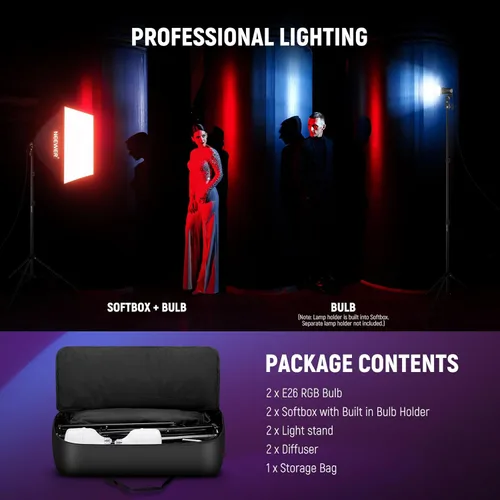 Miniatura 9 de NEEWER Paquete de 2 kits de iluminación RGB equivalente a 520 W con control de aplicación y 9 efectos, bombillas LED de 26 W CRI93+ TLCI98+