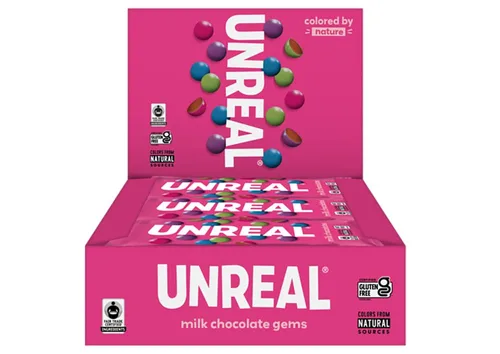 UNREAL Gemas de chocolate con leche, certificado de comercio justo, sin OMG, fabricadas con ingredientes y colores sin gluten de la naturaleza, sin