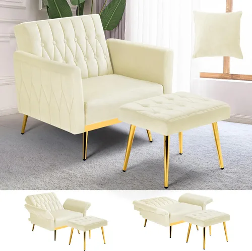 Miniatura 18 de Silla de terciopelo Accent con apoyabrazos y respaldo ajustables, sillón de ocio con botones acolchados, sillón reclinable individual con otomano