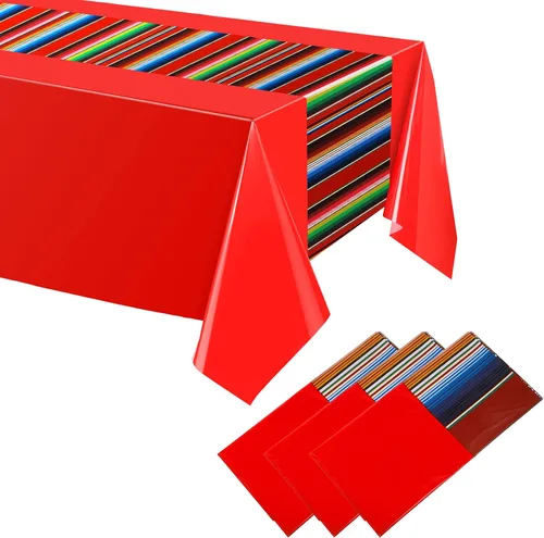 Miniatura 16 de Oudain Mantel de plástico para fiesta, 3 piezas, 108 x 54 pulgadas, desechables, impermeables, mexicanos, a rayas, para noche de tacos, festivales
