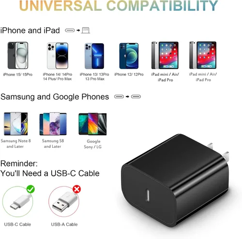 Miniatura 3 de Bloque de cargador USB C para iPhone 17, cargador de pared, adaptador de corriente de 20 W para iPhone 17/17 Air/17 Pro/17 Pro Max, 16 15 14 13 12