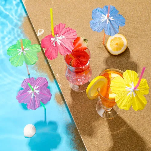 Miniatura 5 de Chengu 200 popotes de hibisco para beber, decoración de fiesta Luau, pajitas de cóctel, pajitas desechables para verano, playa, decoración de fiesta
