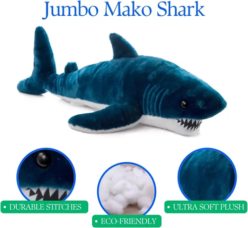 Miniatura 8 de The Petting Zoo Mako - Peluche de tiburón, regalos para niños, animales salvajes del océano Onez, juguete de peluche de tiburón de 32 pulgadas