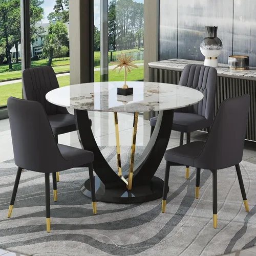 Miniatura 3 de JUFU Juego de mesa de comedor redonda para 4, mesa de comedor de 48 pulgadas con mesa de mármol sintético y 4 sillas tapizadas, moderno juego