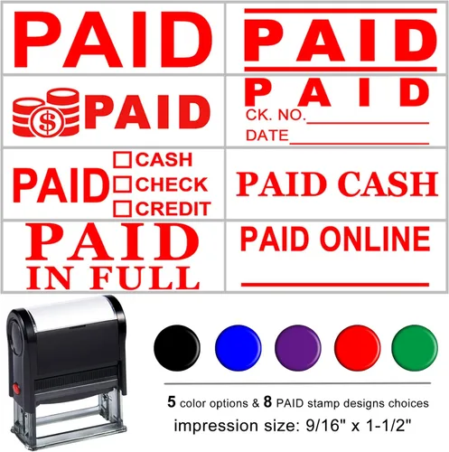 Sello de pago autoentintado personalizado para suministros de negocios, sello autoentintado personalizado, pagado en sellos completos con fecha,