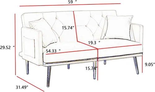 Miniatura 2 de Sofá cama futón convertible de 59 pulgadas, sofá decorativo, moderno sofá de tela de terciopelo con patas de metal y bolsillos de almacenamiento