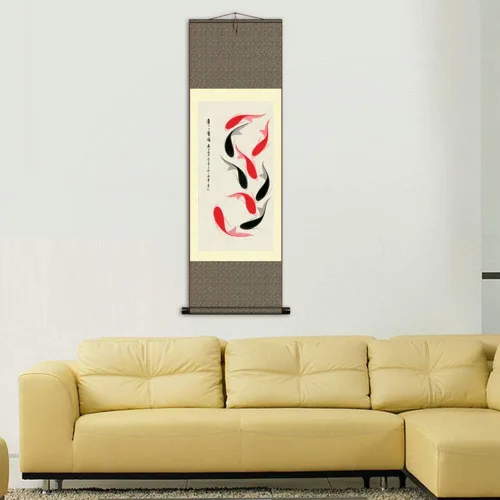 Miniatura 3 de AtfArt Decoración asiática de pared, hermoso pergamino de seda, pintura con año de peces, carpa roja y negra, decoración oriental, arte chino, J02