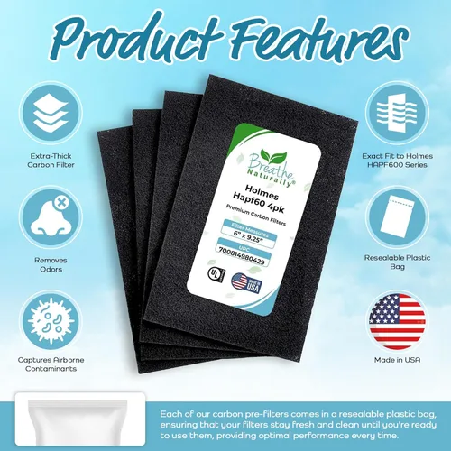 Miniatura 4 de Breathe Naturally - Filtro de carbono HEPA Hapf600 para purificadores de aire Holmes - Filtros de filtro de aire de carbono de alta eficiencia