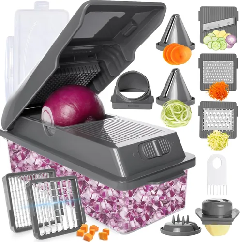 Miniatura 9 de LHS Picador profesional multifuncional de verduras con contenedores de almacenamiento de alimentos, cortador de mandolina, cortador de cebolla, Verde
