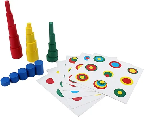 Montessori - Cilindros de colores con tarjetas de control para niños, bloques de madera sin pomos, juguetes de material de reconocimiento de forma y