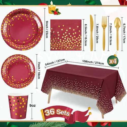 Miniatura 5 de Tegeme 256 piezas de suministros de fiesta de lunares burdeos y dorados, platos de papel, servilletas granate, vasos, vajilla desechable, mantel