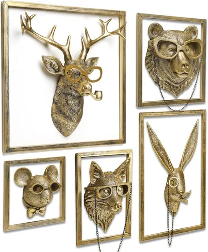Newinhome Paquete de 5 cabezas de animales para decoración de pared (marco de metal de regalo), esculturas de animales de resina, decoración para