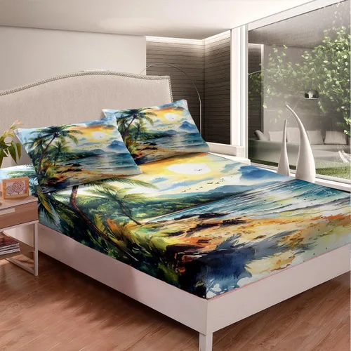 Miniatura 2 de Juego de sábanas de 3 piezas con diseño de playa oceánica, diseño de árbol de coco tropical, para decoración de habitación de niños, niñas, niños