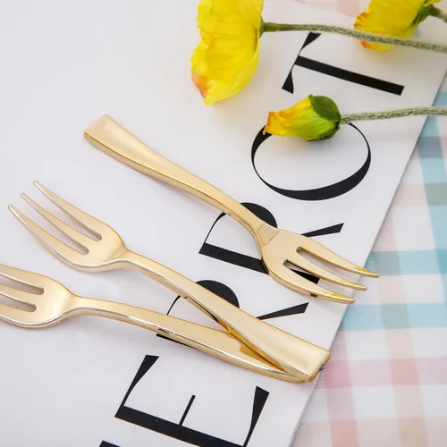 Miniatura 8 de LIYH 100 piezas de platos de postre de oro rosa - 100 piezas de tenedores de plástico dorados, platos para pasteles desechables con tenedores