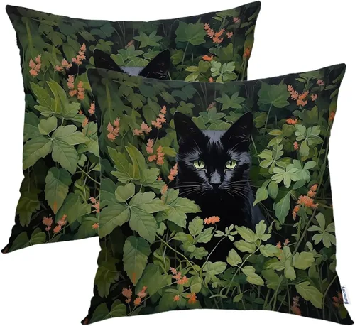 Miniatura 37 de Batmerry Black Cat Green Leaves Throw Pillow Covers, Cat Among Foliage Decorative Pillow Covers Digital Printing Blended Fabric for Couch Sofa Bed