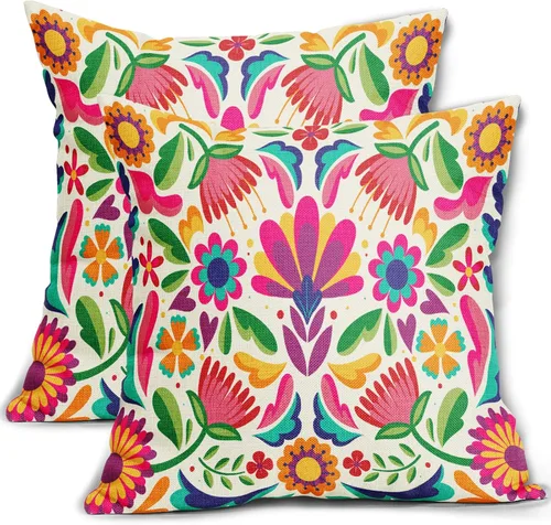 Miniatura 14 de Juego de 2 fundas de almohada con estampado floral mexicano de 18 x 18 pulgadas, diseño étnico colorido de pájaros y flores de cachemira, fundas