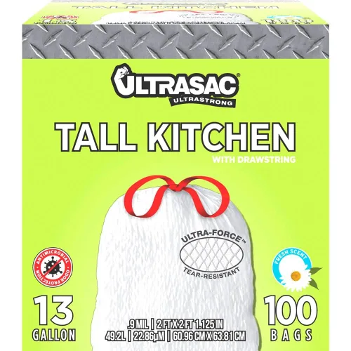 Miniatura 7 de Ultrasac Bolsas de basura de cocina altas con cordón blanco de 13 galones de 0.9 milésimas de pulgada de grosor y aroma fresco – 24 x 25 pulgadas