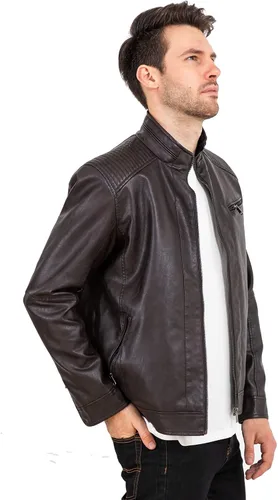 Miniatura 4 de VICALLED Chaqueta de cuero para hombre, ajuste delgado, cuello alto, chaqueta de motocicleta de poliuretano, ligera