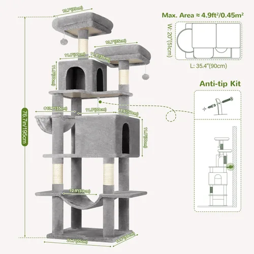 Miniatura 6 de Globlazer Torre de árbol para gatos, muebles para gatos de varios niveles extra altos de 76 pulgadas con cómodos condominios, hamaca y perchas