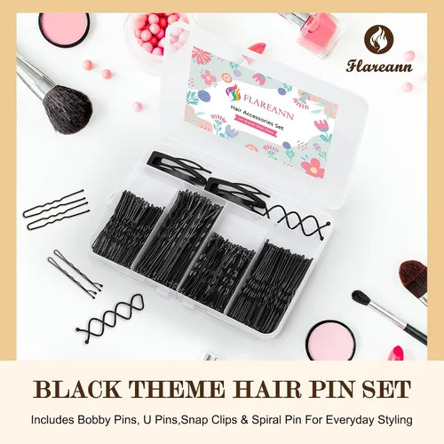 Miniatura 2 de Bobby Pins Set Negro – Kit de estilo para mujeres y niñas con alfileres, pasadores en espiral y clips a presión, ideal para updos, moños, looks